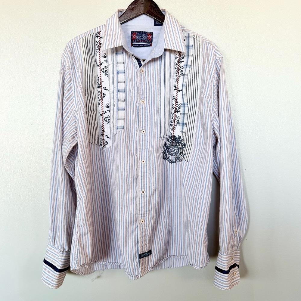 English Laundry 2X Women Shirt Pinstripe Patchwork Grandmacore Embroidered Boho